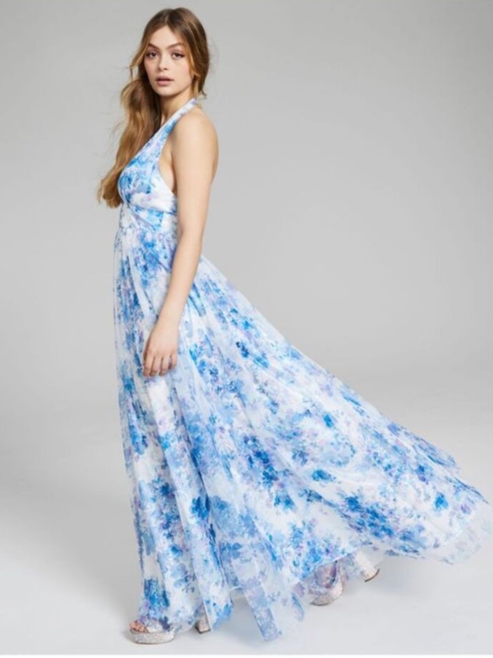 BCX Blue and White Floral Sparkly Halter Maxi Dress Tulle Fairycore Homecoming